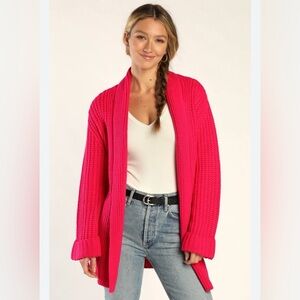 Lulus Hot Pink Open-Front Oversized Women’s Chunky Knit Cardigan Sweater Small